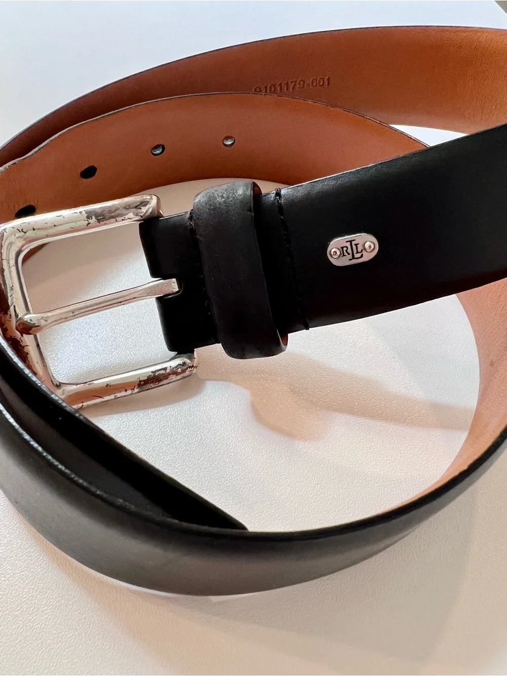 Ralph Lauren Black Leather Men's Small Belt with Branded Stud Logo Brass Buckle